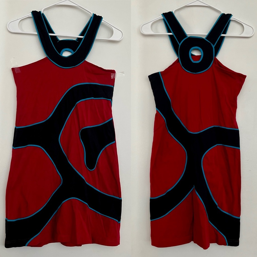 Burgundy Red and Black Halter Bodycon Dress with Blue Trim Abstract Design